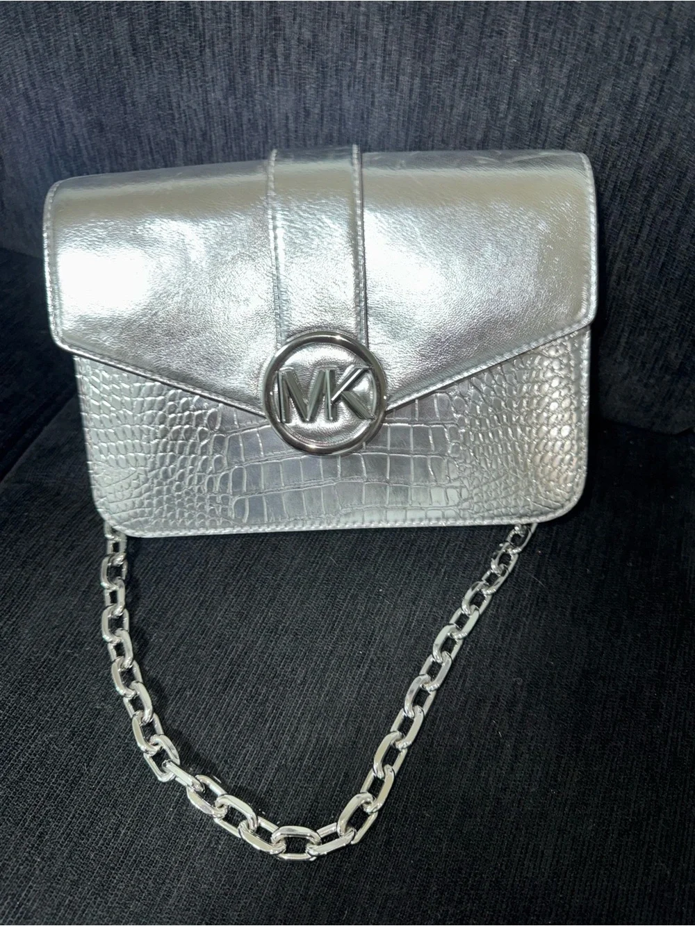 Michael Kors Metallic Silver MK Chain Crossbody Bag